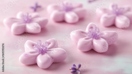 Delicate, pink flower-shaped treats on a pastel pink surface