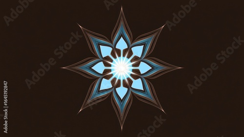Ornate, light-blue flower-like mandala on dark background