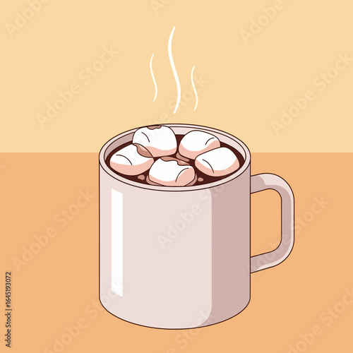 A steaming mug of hot chocolate topped with white marshmallows, presented in a simple, cartoon style illustration.