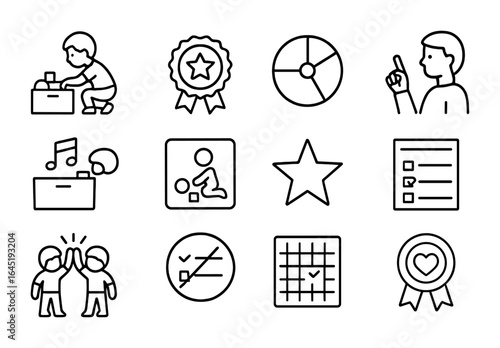 Teaching Responsibility Icons. Outline icon set of teaching responsibility to kids: toy cleanup, reward