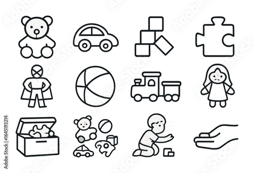 Toy Collection Icons. Outline icon set of picking up toys from the floor: teddy bear, toy car, building blocks