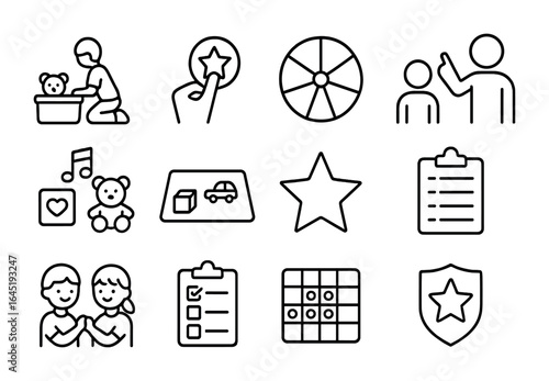Teaching Responsibility Icons. Outline icon set of teaching responsibility to kids: toy cleanup, reward