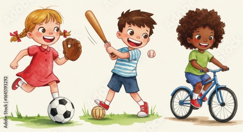 Children Play Sports in Cartoon Style Soccer Baseball and Cycling