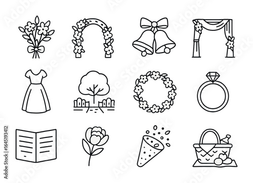 Spring Wedding Icons. Outline icon set of seasonal May weddings: spring bouquet, floral arch, wedding bells,