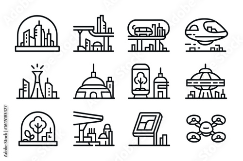 Future Cities Icon Set. Outline icon set of future cities in space: dome city, floating walkway, tube transit,