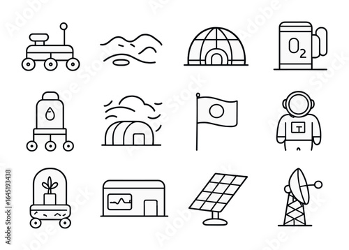 Mars Colony Icons. Outline icon set of Mars colonization: Mars rover, red terrain, settlement dome, oxygen