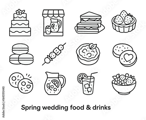 Spring Wedding Feast Icons. Outline icon set of spring wedding food & drinks: tiered cake, lemonade stand,