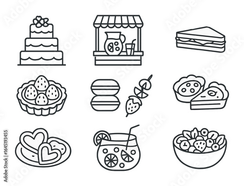 Spring Wedding Feast Icons. Outline icon set of spring wedding food & drinks: tiered cake, lemonade stand,