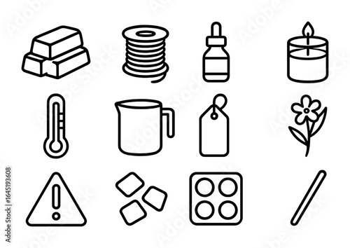 Candle Making Icons. Outline icon set of candle making kits: wax blocks, wick roll, fragrance bottle, candle