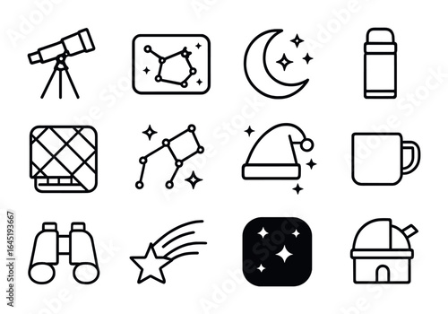 Stargazing Icons Set. Outline icon set of star gazing evenings: telescope, star map, moon, thermos, camp