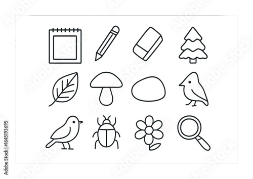 Nature Sketching Icon Set. Outline icon set of nature sketching: sketchpad, pencil, eraser, leaf icon,