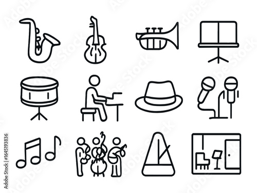 Jazz Ensemble Icon Set. Outline icon set of jazz ensemble practice: saxophone, upright bass, trumpet, sheet