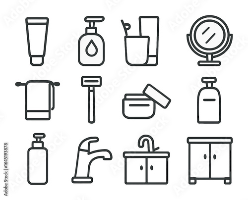 Bathroom Essentials Icons. Outline icon set of bathroom counter essentials: toothpaste tube, hand soap,