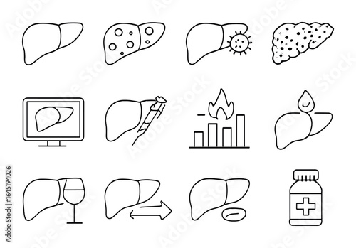Liver Health Icons. Outline icon set of liver health and disease: healthy liver, fatty liver, hepatitis icon,