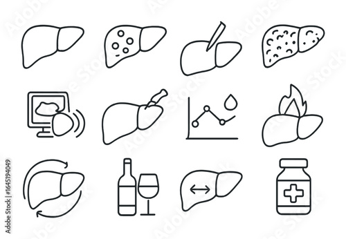 Liver Health Icons. Outline icon set of liver health and disease: healthy liver, fatty liver, hepatitis icon,