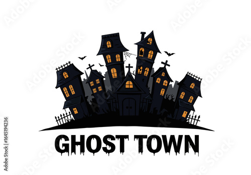 Spooky Ghost Town Illustration with Haunted Houses and Bats for Halloween