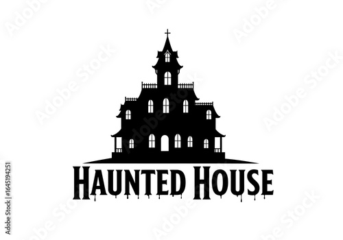 Spooky Haunted House Silhouette with Tower and Cross