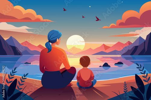 Mother and child enjoy a beautiful sunset view by the lake and mountains