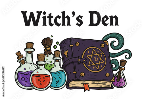 Witch's Den Illustration with Potions, Spell Book, and Magical Elements