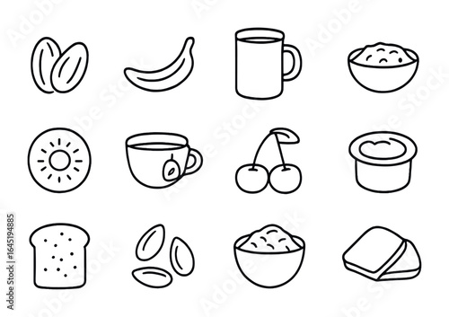 Sleep-Inducing Foods Icons. Outline icon set of sleep-promoting foods and drinks: almonds, banana, warm milk,