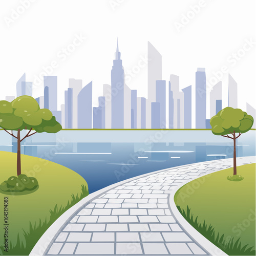 Autumn city park with road near the river and city buildings street lights handrail near the river
2