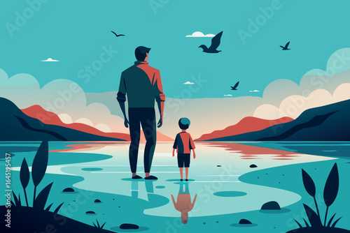 Father and child standing by the lake, enjoying the serene view and nature