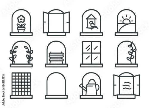Garden Window Icons. Outline icon set of garden-facing windows: flower pot, open pane, bird feeder, morning