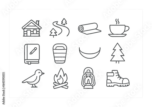 Sabbatical Retreat Icons. Outline icon set of solo sabbatical retreat: cabin icon, nature path, yoga mat, tea