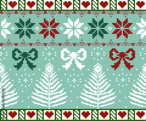 Christmas abstract art background, print, fabric, handmade, embroidery, Pixel pattern, seamless Geometric ethnic oriental, wallpaper, clothing, wrapping, Batik, fabric, and illustration embroidery.