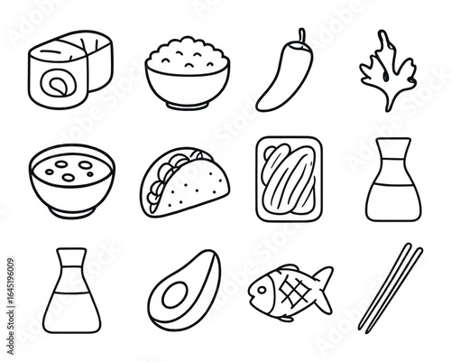 Asian-Latin Fusion Icons. Outline icon set of Asian-Latin fusion cuisine: sushi roll, plantain, rice bowl,