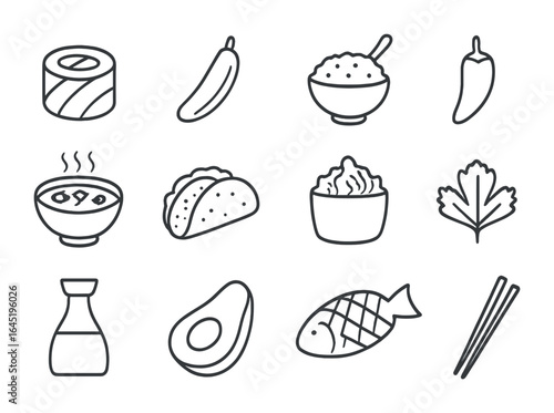 Asian-Latin Fusion Icons. Outline icon set of Asian-Latin fusion cuisine: sushi roll, plantain, rice bowl,
