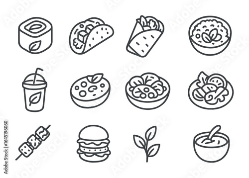 Plant-Based Food Icons. Outline icon set of plant-based fusion foods: vegan sushi, tofu taco, jackfruit wrap,