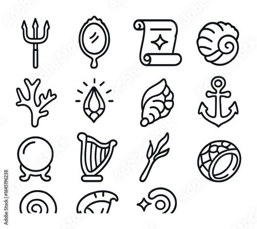 Mystical Sea Artifacts Icons. Outline icon set of mystical sea artifacts: trident, enchanted mirror, ancient