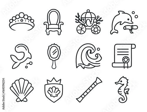 Sea Princess Icon Set. Outline icon set of sea princess life: pearl tiara, throne seat, coral chariot,