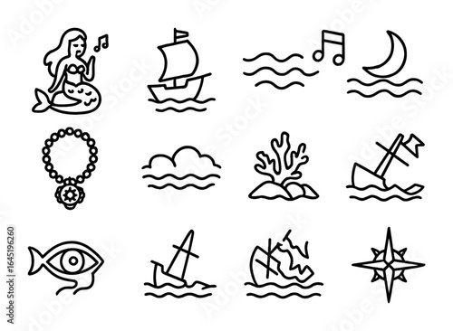 Mythical Sea Icons. Outline icon set of sirens and myths: singing siren, sailor boat, enchanted melody, cursed