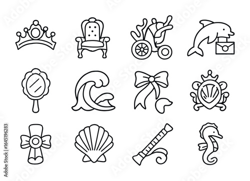 Sea Princess Icon Set. Outline icon set of sea princess life: pearl tiara, throne seat, coral chariot,