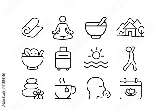 Wellness Retreat Icons. Outline icon set of travel for wellness and yoga retreats: yoga mat, lotus pose,