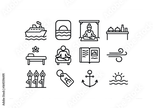 Wellness Cruise Icon Set. Outline icon set of wellness cruise travel: cruise ship, ocean view, yoga deck,