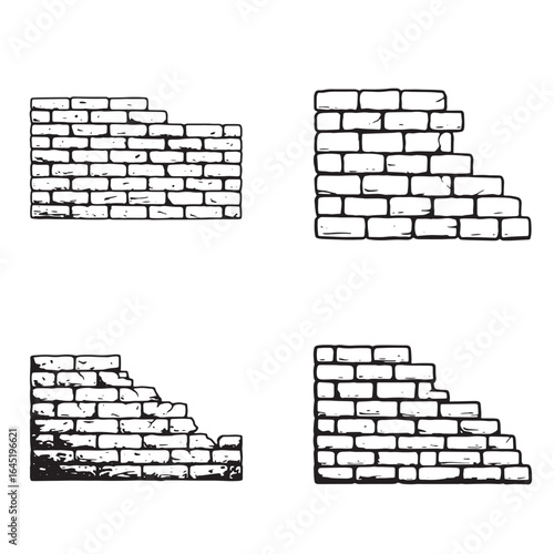Four different hand drawn brick wall sections depicting aged and weathered construction