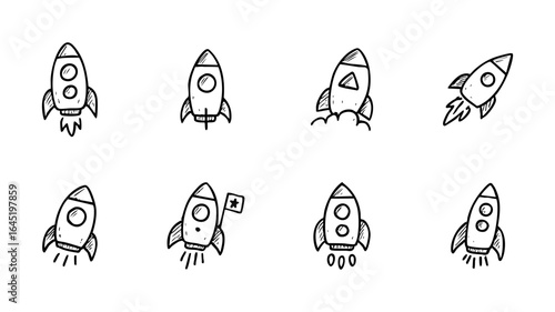 Collection of hand drawn rocket ship vector illustration space travel concept cosmic exploration and discovery