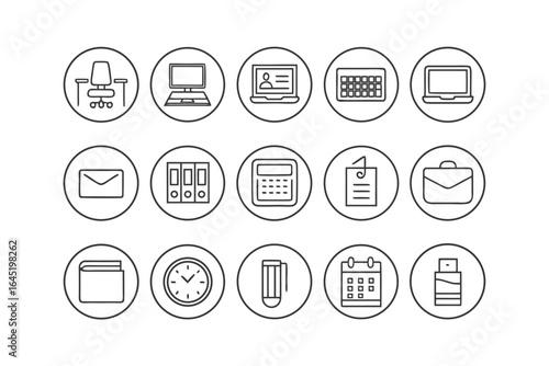 Vector art of collection of office and business icons featuring a desk chair, computer, laptop, documents, folders, calculator, briefcase, book, clock, pencil, and calendar, all isolated a