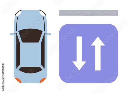 Blue car near a road with two-way traffic sign indicating opposite directions. Ideal for transportation, traffic flow, driving safety, navigation, road signage, driver education, simple flat metaphor