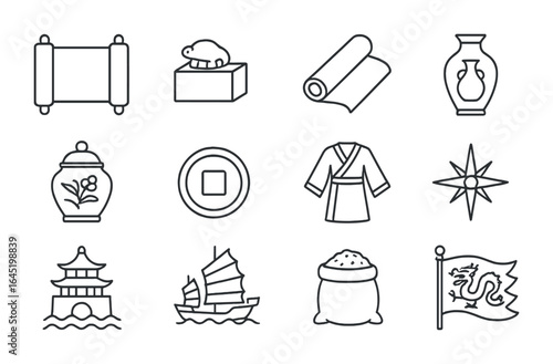 Chinese Dynasty Icons. Outline icon set of Chinese trading dynasties: imperial scroll, jade seal, silk roll,