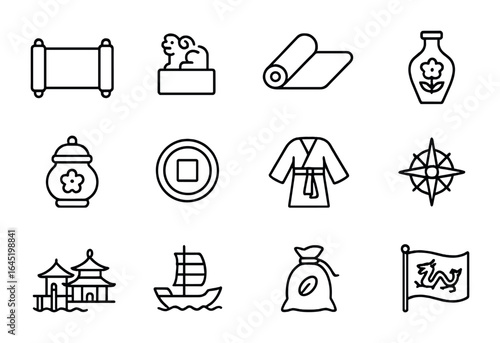 Chinese Dynasty Icons. Outline icon set of Chinese trading dynasties: imperial scroll, jade seal, silk roll,