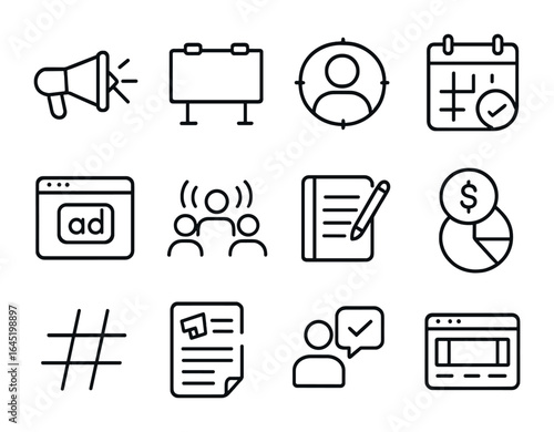 Media Campaign Icons. Outline icon set of media campaigns: loudspeaker, billboard, target audience, campaign