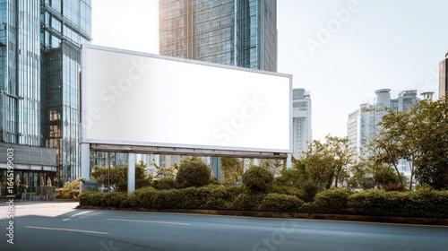 Wallpaper Mural Large Blank Billboard Mockup in Cityscape with Modern Buildings and Lush Greenery on a Sunny Day Torontodigital.ca