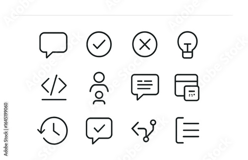 Code Review Icon Set. Outline icon set of code review interface: comment bubble, approve check, request