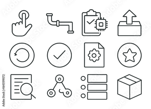 CI_CD Icon Set. Outline icon set of CI/CD with version control: build trigger, pipeline icon, unit test,
