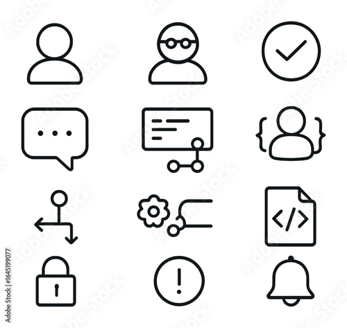 Version Control Icons. Outline icon set of collaboration in version control: team member, reviewer icon,