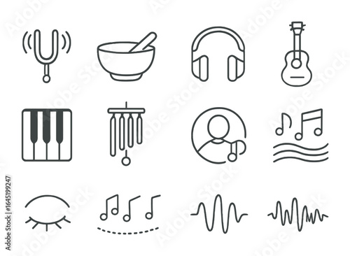 Music and Sound Icons. Outline icon set of music and sound healing: tuning fork, singing bowl, headphones,